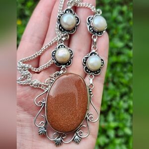 Large Sunstone Pearl Sterling Plate Necklace